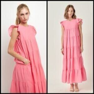 La Ven Coral Tiered Ruffle Sleeve Maxi Dress Back Tie M Cottage Core County Farm